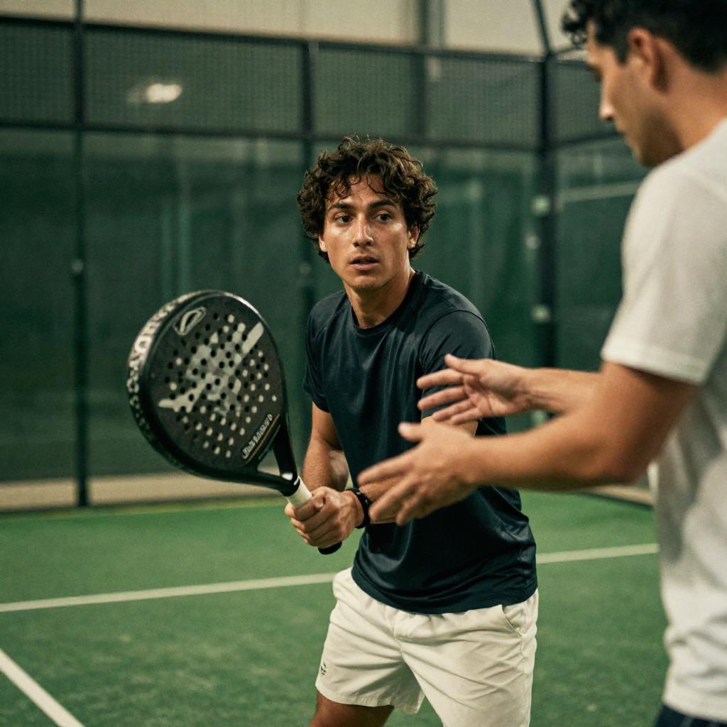 Padel-Spieler erklärt die Schlagtechnik auf dem Court