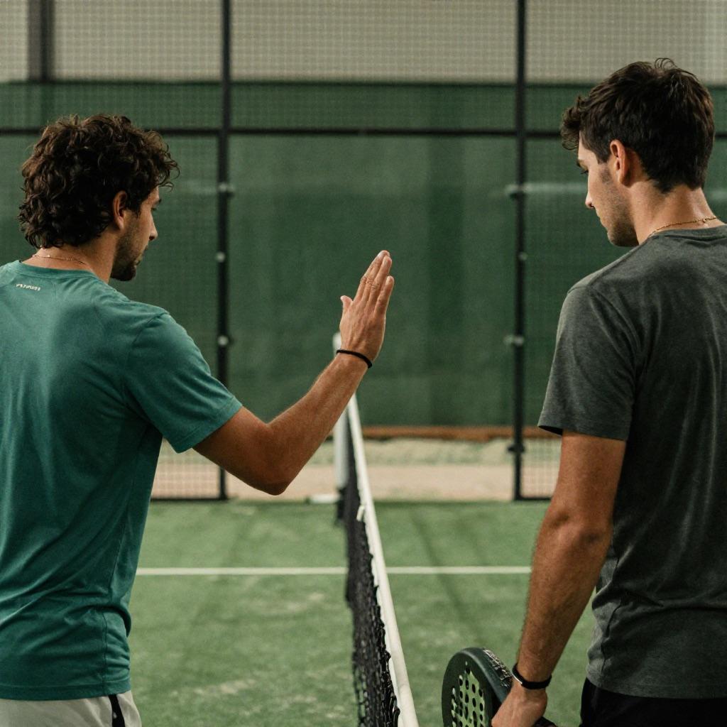 Zwei Padel-Spieler am Netz mit Handzeichen zur Absprache
