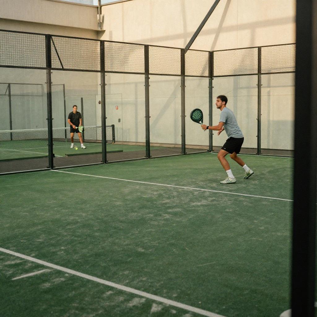 Weite Aufnahme eines Indoor-Padel-Courts beim Training